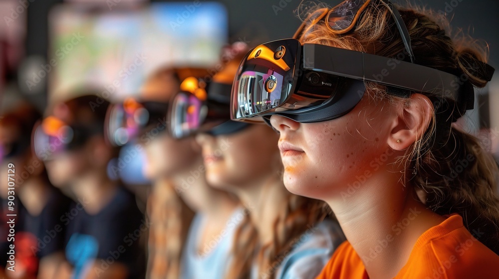 Journey into the Metaverse: A group of young students captivated by the immersive world of VR, their expressions a mix of awe and wonder as they explore new frontiers of learning. Journey into the Metaverse: A group of young students captivated by the immersive world of VR, their expressions a mix of awe and wonder as they explore new frontiers of learning.