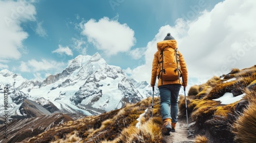 Hiker with a yellow jacket and trekking poles walking along a snowy trail with a breathtaking view of a majestic snow-capped mountain, symbolizing exploration and resilience. photo