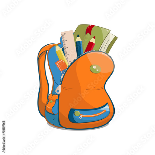 A school backpack with a book, pencils, ruler, eraser. Isolated on a white background. Vector illustration.