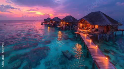 A serene scene of overwater bungalows at dusk, featuring the clear turquoise water, softly lit pathways, and the vibrant hues of the setting sun creating a breathtaking reflection on the water's surfa photo