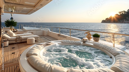 A serene view of a chic yacht deck, featuring comfortable sun loungers, a jacuzzi with bubbling water, and the endless expanse of the ocean under a clear, sunny sky, exuding luxury and relaxation --ar