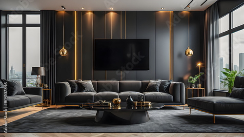 Modern interior design of a living room in apartment, house, black sofa, bright modern interior details decor sand sun's rays from the window against background of white marble walls. AI generated photo