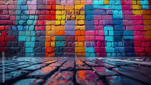Vibrant Abstract Mural on Urban Brick Wall with Geometric Patterns