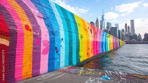 Vibrant Urban Mural Along Waterfront with City Skyline in Background
