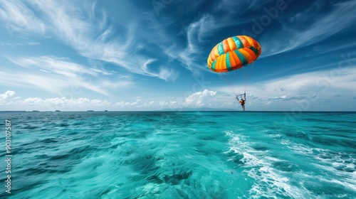 A person engages in parasailing, soaring high above the clear, turquoise ocean waters, offering a breathtaking view of the sea and sky on a bright and sunny day. photo