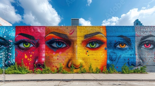 Artistic Mural of Colorful Faces on Urban Brick Wall