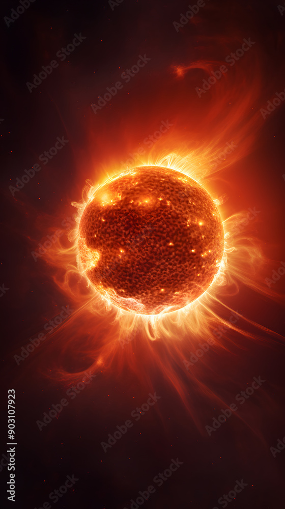 Fototapeta premium A fiery, glowing star with radiating flames, set against a dark, starry background.