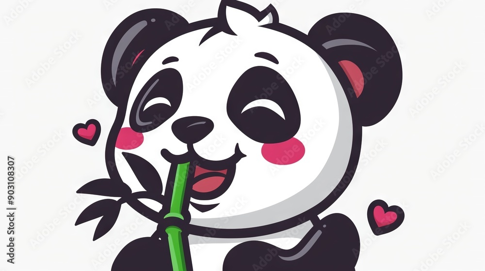 Naklejka premium Panda bear carrying bamboo sticker with hearts on its back and green sticker in mouth