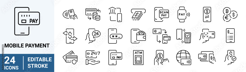 Mobile payment web line icon. Containing money, transfer, authentication, process, services, regulation, financial icon. Simple line vector illustration. Mobile payment web line icon. Containing money, transfer, authentication, process, services, regulation, financial icon. Simple line vector illustration.