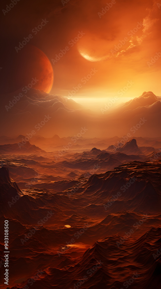 Naklejka premium A breathtaking alien landscape with a fiery red sky, two moons, and rolling mountains in the distance.