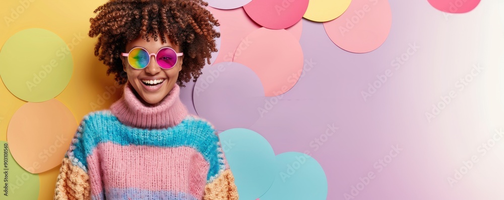 Fototapeta premium Colorful Portrait of Smiling Woman in Rainbow Sweater and Round Sunglasses Against Vibrant Background