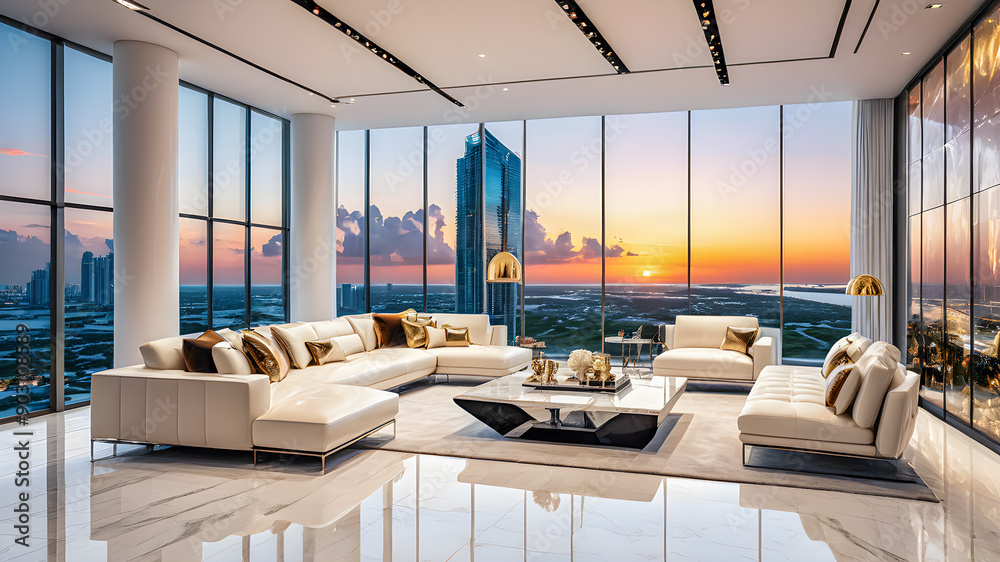 Modern loft living room area wide views of bay city. Beautiful ... - Luxury Penthouse Developments City Wide