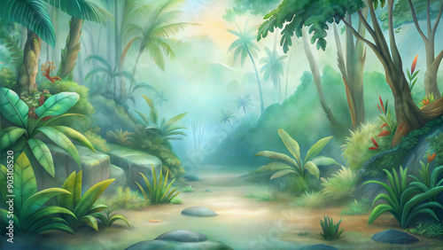 Watercolor painting of prehistoric jungle with lush green forest with river running through it. Background for game