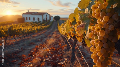 Golden Vineyard at Sunset with Ripe Grapes and Farmhouse
