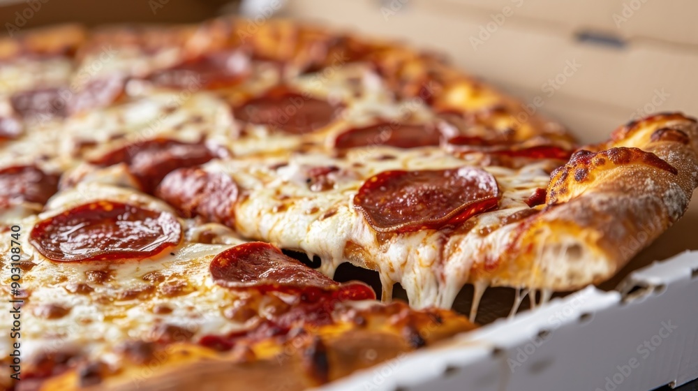 A close-up view of a pepperoni pizza slice inside a box, showcasing the perfectly melted cheese and crispy crust, highlighting a delicious, ready-to-eat meal. A close-up view of a pepperoni pizza slice inside a box, showcasing the perfectly melted cheese and crispy crust, highlighting a delicious, ready-to-eat meal.
