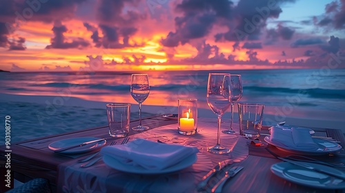 A stunning view of a private beach dinner, highlighting a beautifully arranged table with fine dining settings, flickering candles, and elegant decor, set on a pristine beach with the gentle waves of  photo