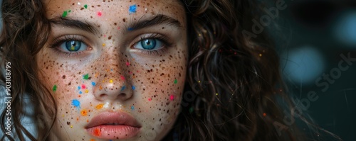 CloseUp Portrait of a Young Woman with Colorful Paint Splatters and Freckles on Her Face © Konstiantyn Zapylaie