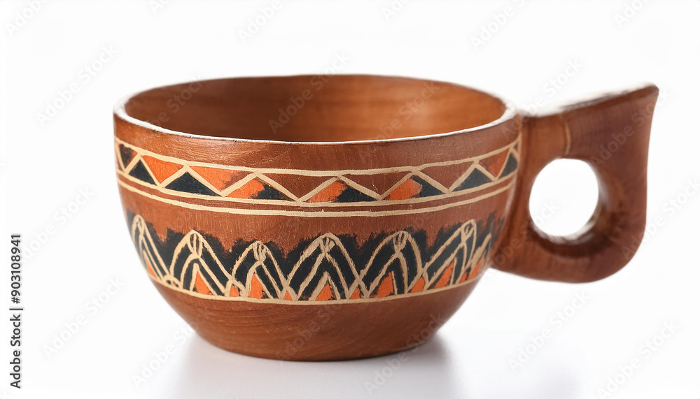 Handmade wooden cup painted in colorful ethnic style on white background. Natural material. Handmade wooden cup painted in colorful ethnic style on white background. Natural material.