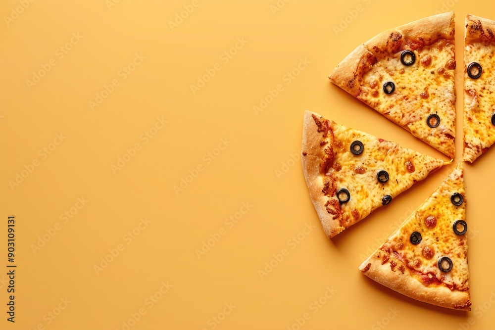 Sliced Pepperoni Pizza with Black Olives on Yellow Background Minimalist Food Photography for Modern Designs Sliced Pepperoni Pizza with Black Olives on Yellow Background Minimalist Food Photography for Modern Designs