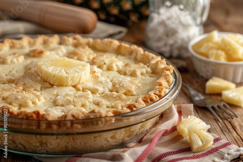 Delicious Homemade Pineapple Pie on Rustic Table with Fresh Pineapple Slices photo