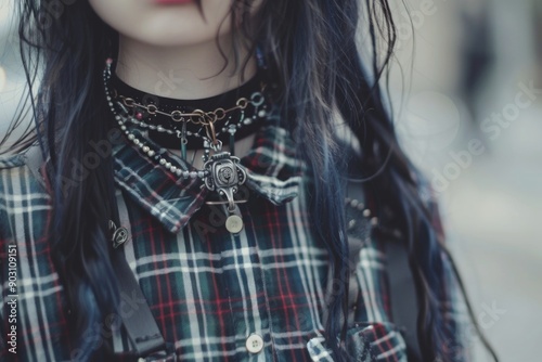 CloseUp of a Young Woman's Gothic Fashion with Plaid Shirt and Layered Jewelry photo