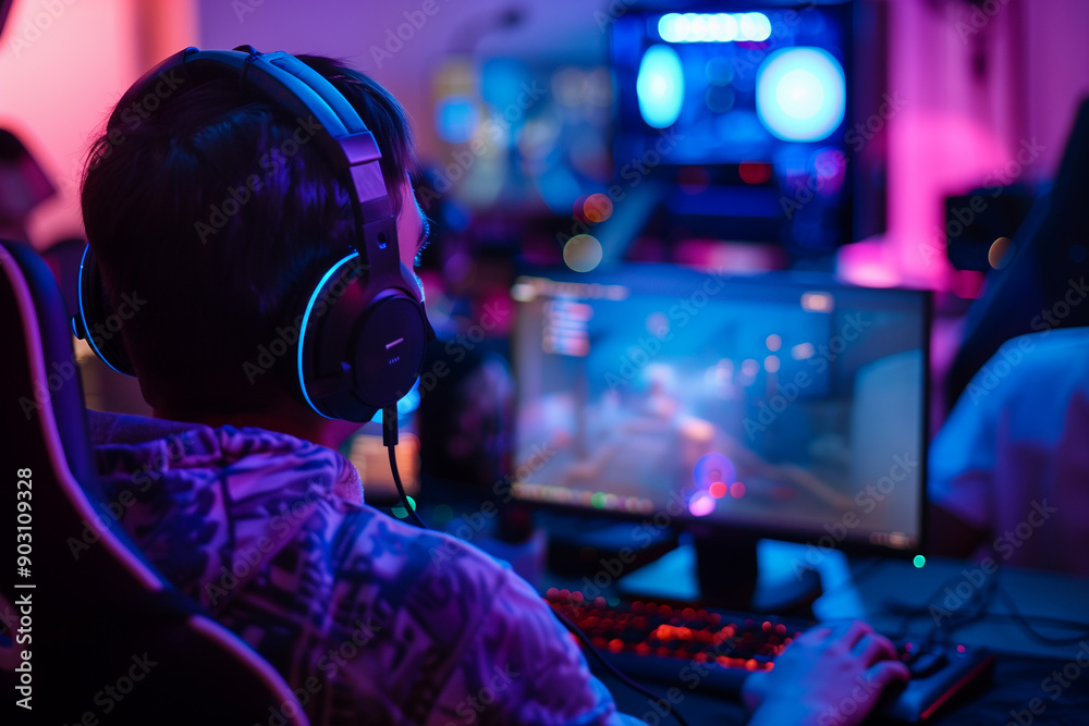 Friends recording a gaming session for their YouTube gaming channel.A man with headphones plays a computer video game Friends recording a gaming session for their YouTube gaming channel.A man with headphones plays a computer video game