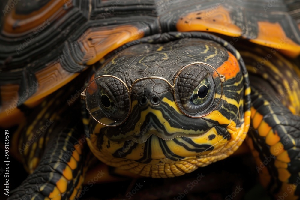 Obraz premium CloseUp of a Turtle Wearing Glasses with Colorful Shell Patterns