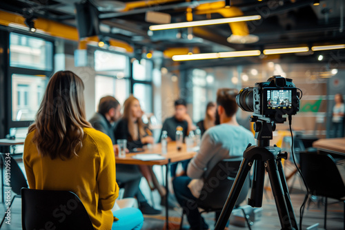 A young entrepreneur filming a Q&A session with their audience.A group of individuals gathers at a table while being filmed