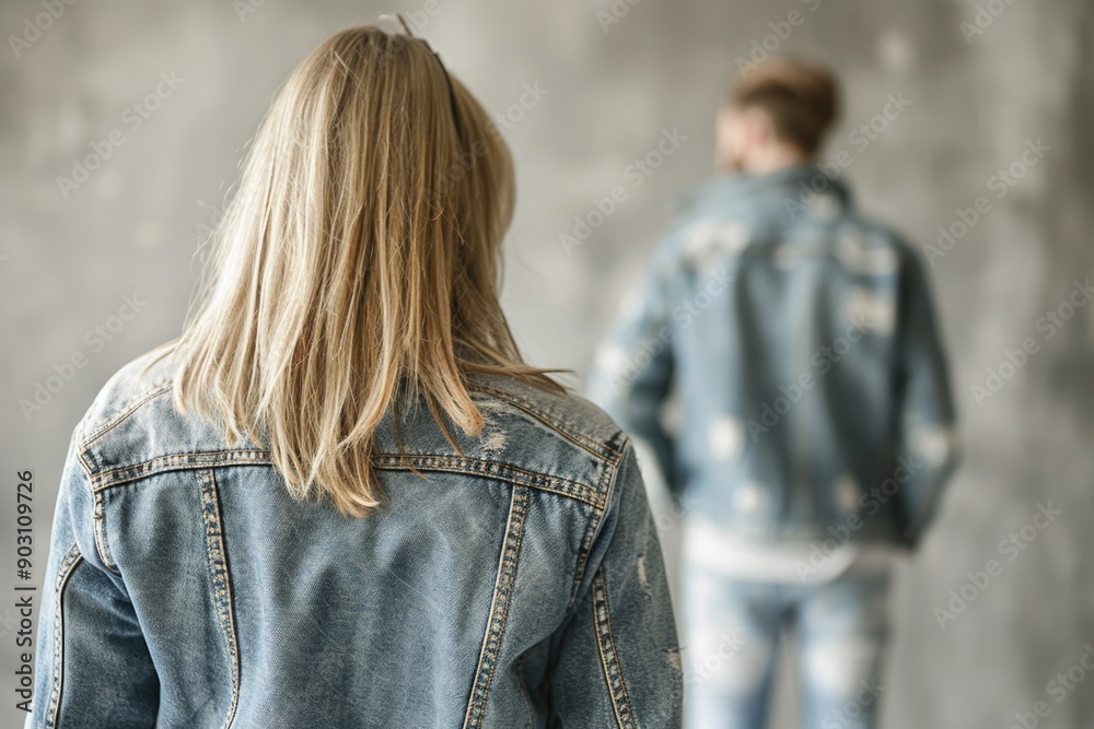 Fototapeta premium Back View of Two People in Denim Jackets