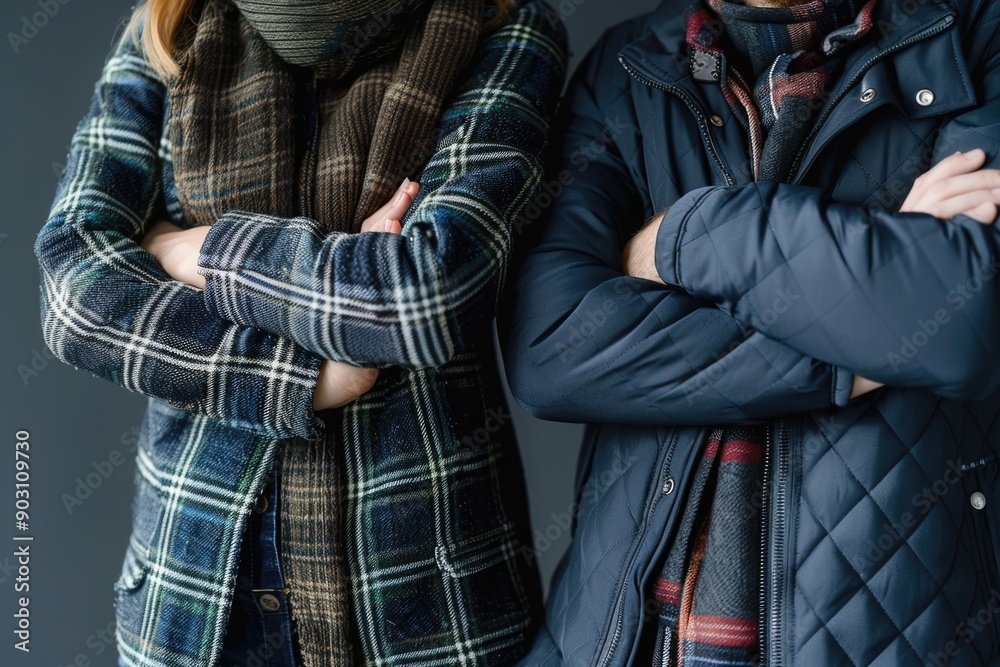 Couple in Winter Outfits Standing with Arms Crossed Together Couple in Winter Outfits Standing with Arms Crossed Together
