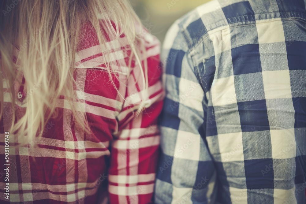 CloseUp of Two People in Red and Blue Plaid Shirts Standing Side by Side