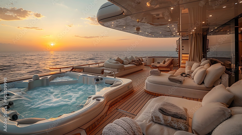 Fototapeta premium An elegant photograph of a luxury yacht deck at dawn, with plush sun loungers, a jacuzzi steaming with warm water, and the calm open sea reflecting the soft morning light, creating a serene and opulen
