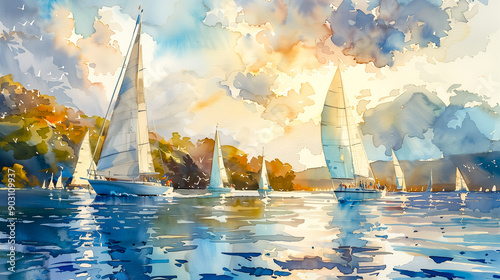  serene watercolor scene of an Olympic sailing regatta.