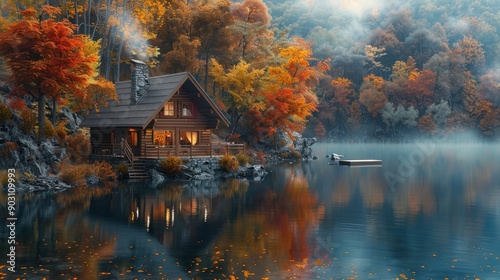 A serene lakeside cabin in autumn, with colorful foliage reflecting on the calm water and smoke rising from the chimney. 