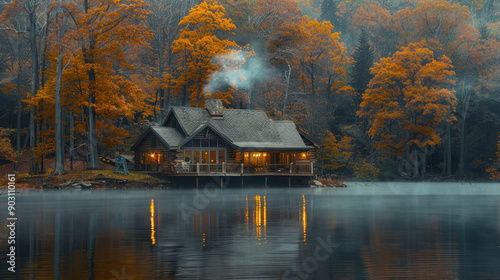 A serene lakeside cabin in autumn, with colorful foliage reflecting on the calm water and smoke rising from the chimney. 