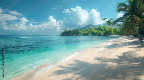 A vibrant tropical beach at noon, with white sand, turquoise water, and lush palm trees swaying in the breeze. 