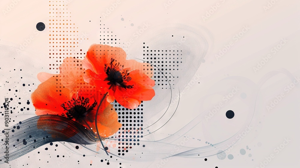 Fototapeta premium A pair of vibrant orange blossoms perched atop a monochromatic white-black backdrop, alongside a contrasting black-white polka-dotted wall