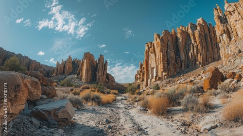 Dramatic canyon with towering rock formations and a clear blue sky, rugged landscape