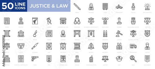 Justice and law icon set justice, legal, judgement line icons. Thin outline icons collection. Hammer, Justice, Lawyer and more.