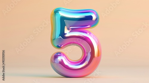 Multicolored balloon number 5 five on a pastel background, 3D rendering. Celebration and birthday concept photo