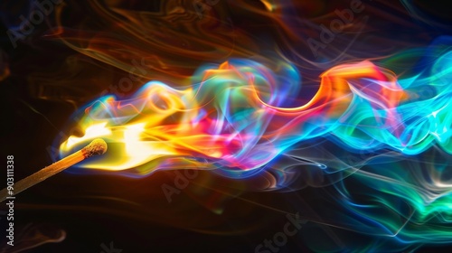Matchstick igniting colorful swirling flames on black background, abstract art concept