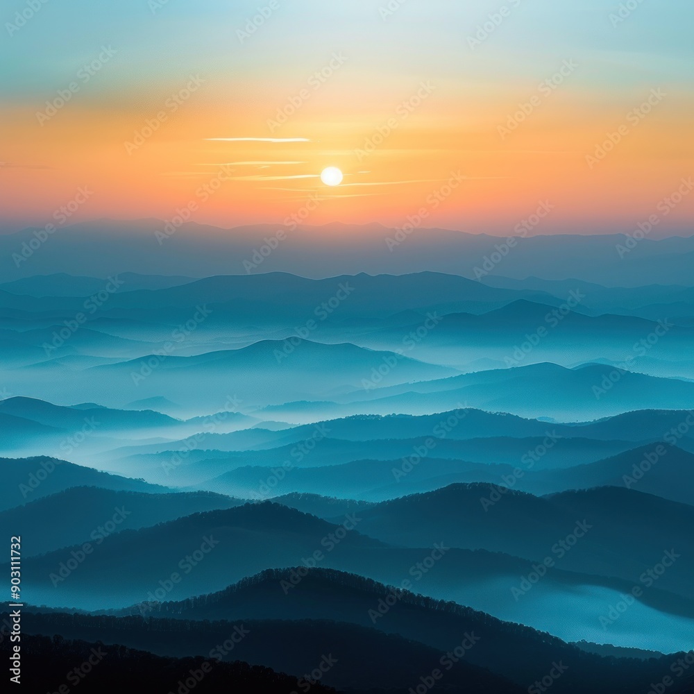 Sun Setting Over Layers of Foggy Mountains