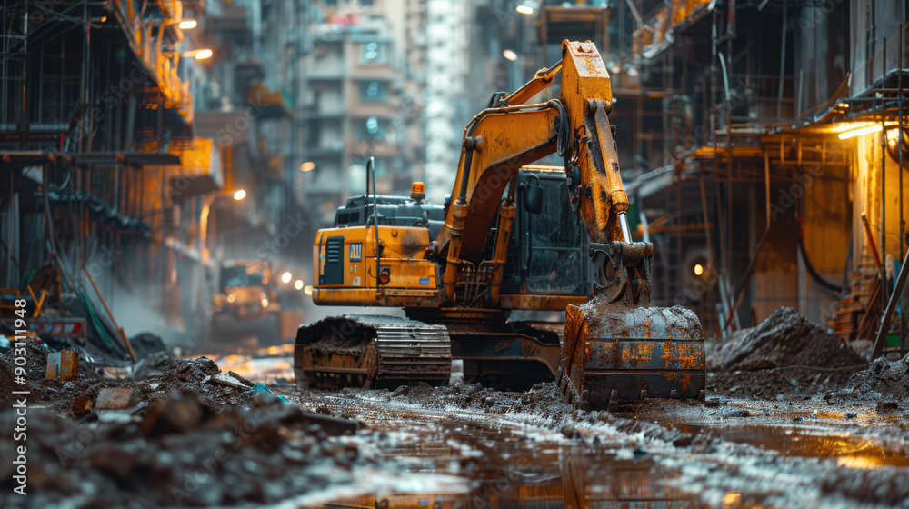 Gritty urban landscape at a construction site with debris and evening lights creating a dynamic atmosphere. Gritty urban landscape at a construction site with debris and evening lights creating a dynamic atmosphere.