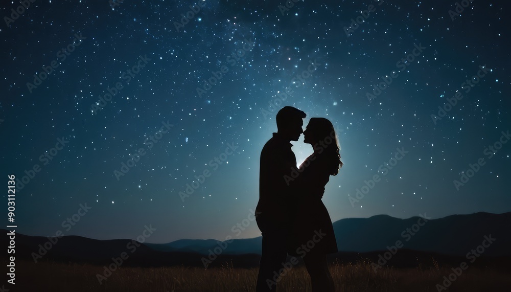 Under a canopy of stars, a couple gazes at the night sky, framed by distant mountain peaks and illuminated by a soft, romantic glow