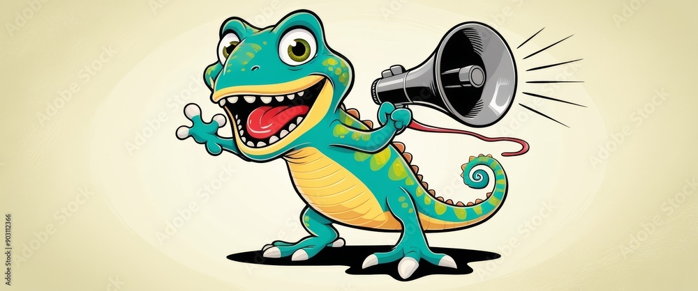 Playful Chameleon Announcing with Retro Megaphone in Vibrant Bokeh Photography Playful Chameleon Announcing with Retro Megaphone in Vibrant Bokeh Photography