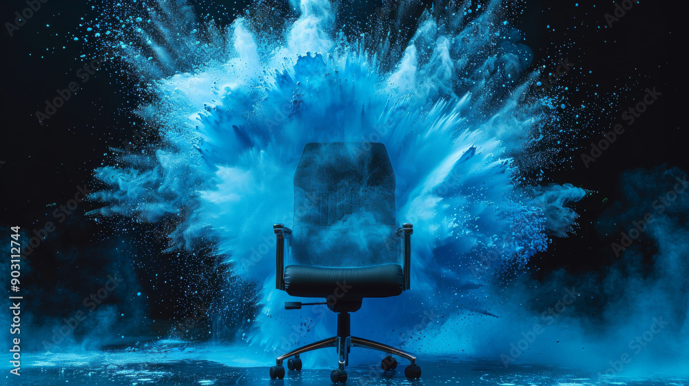 Fototapeta premium Office chair with blue paint explosion on black background, dynamic and vibrant concept