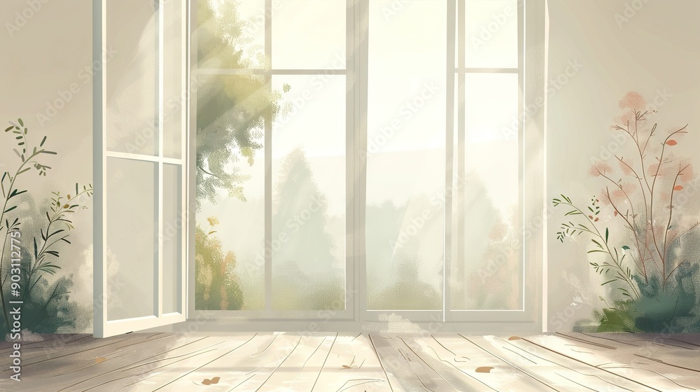 Fototapeta premium A painting depicts a spacious room featuring a grand window and an authentic wooden floor hosting a flourishing plant