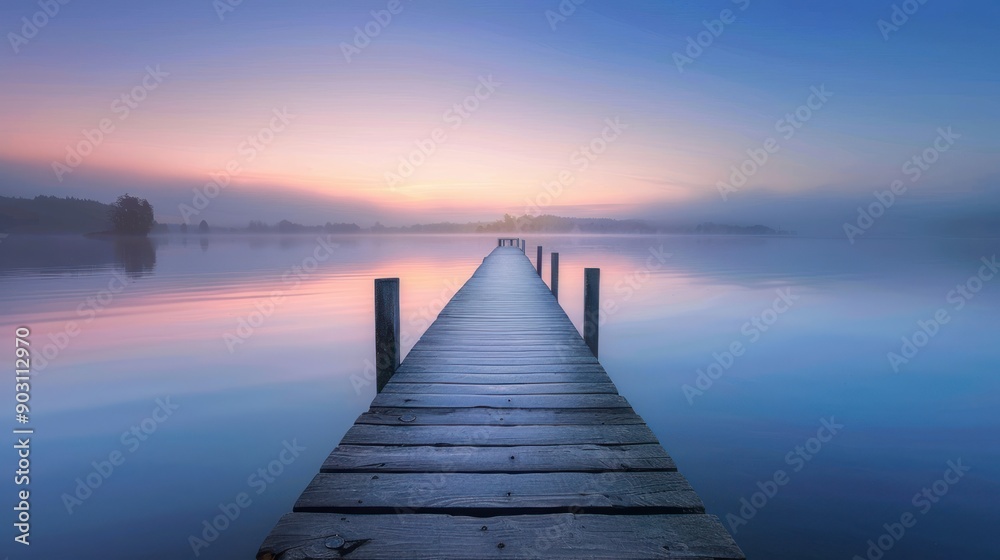 Obraz premium Wooden Dock Extending into a Foggy Lake at Sunrise