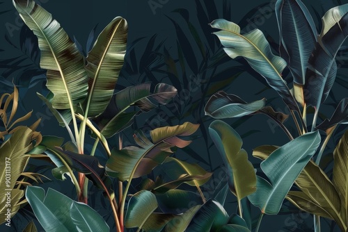 Wallpaper Mural Tropical plants banana trees wallpaper design, dark bacground, vintage wallpaper, jungle background, mural art, Generative AI Torontodigital.ca