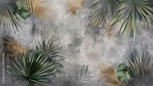 Drawn exotic tropical leaves on concrete grunge wall. Floral background. Design for wallpaper, photo wallpaper, mural, card, postcard, Generative AI © dgpatel